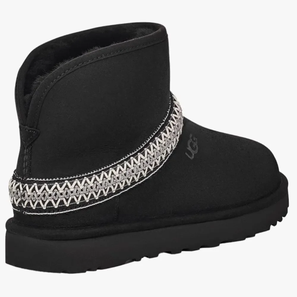 NEW UGG Classic Mini Crescent Suede Boot Women Size 9 Black White Embroidered